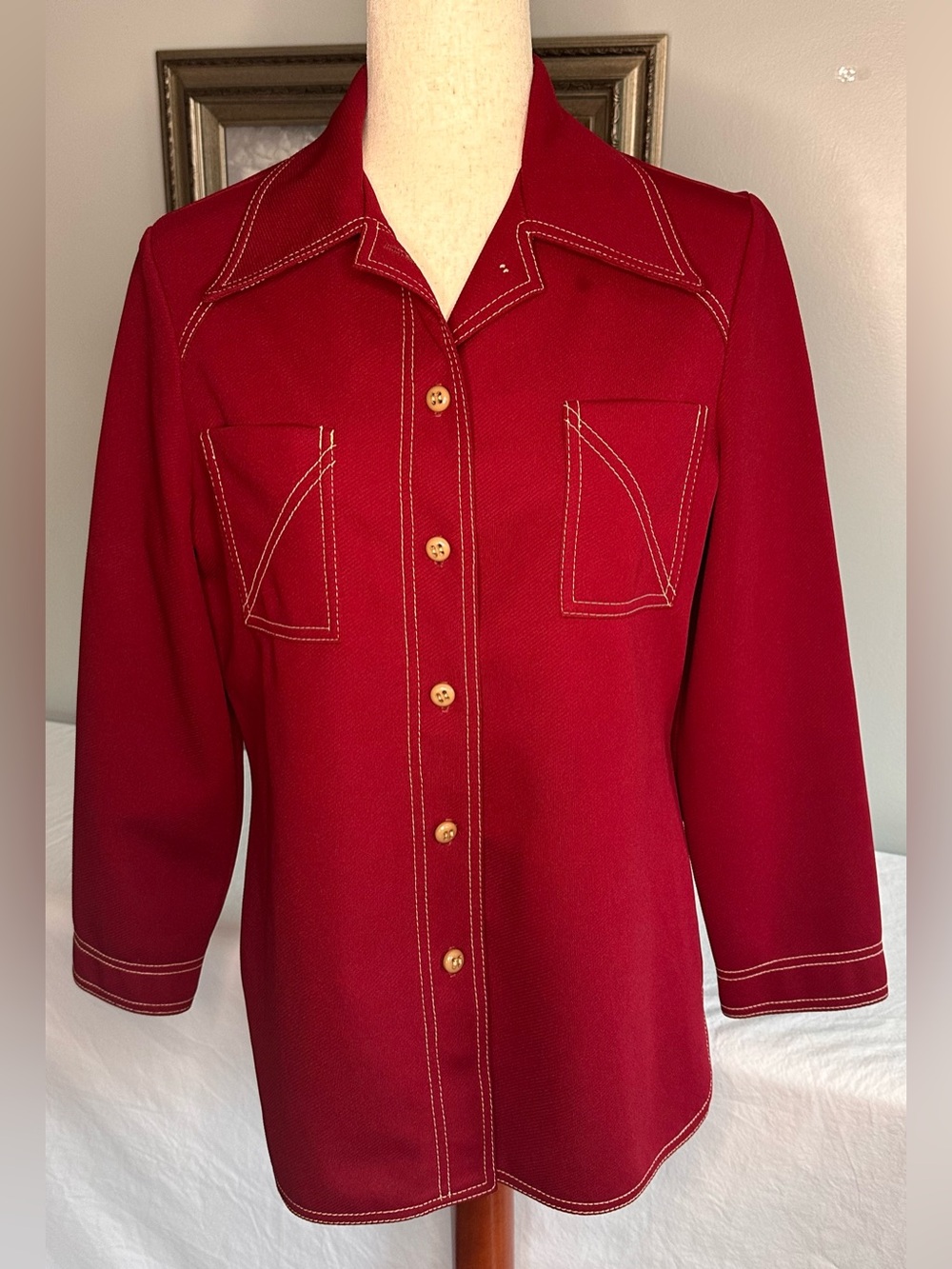 Vintage 1970s Jack Winter red polyester blouse with contrast stitching Sz Sm-med
